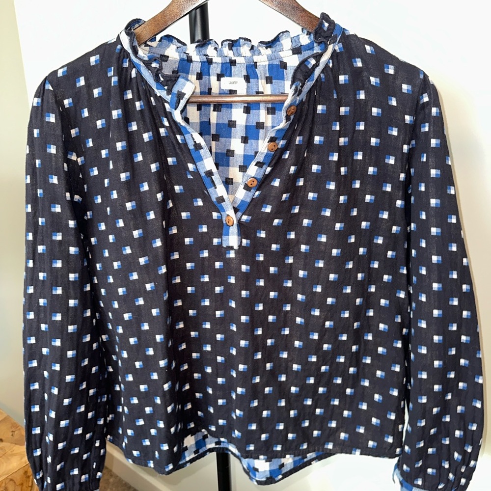 Anthropologie Warm NY Blue Geometric Checkered Long Sleeve Top